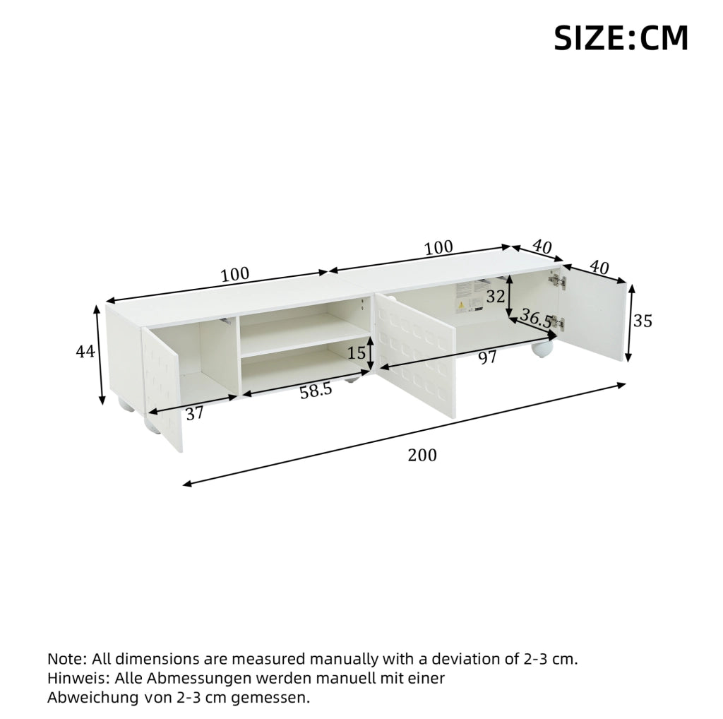 Mobile TV 200x40x44 cm con 3 ante e 5 piedi in truciolare bianco