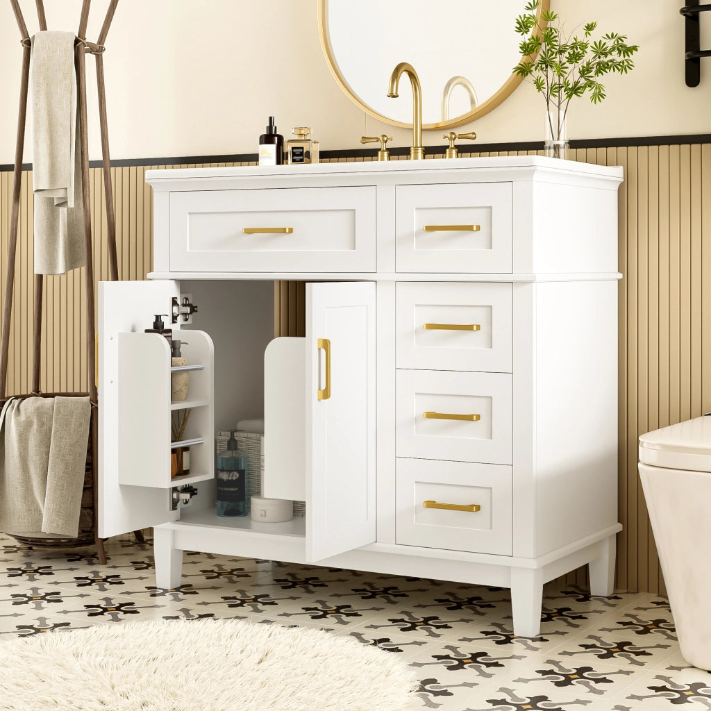 Mobile sottolavabo con lavandino in ceramica, 2 ante e 5 cassetti, per bagno, in MDF e ceramica, bianco, 90 × 46 × 87 cm