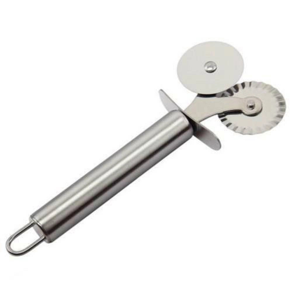 Trade Shop - Doppia Rotella In Acciaio Inox Pizza Pancake Pie Taglia Affettatrice Lama -