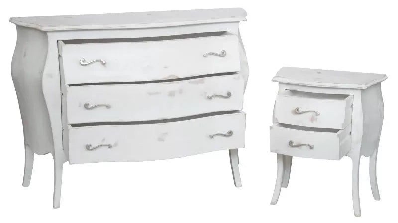 Gruppo 1 cassettiera 2 comodini bombati legno shabby bianco consumato - Mobili 2G