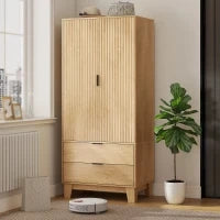 Armadio con 2 ante a chiusura ammortizzata, 2 cassetti e barra appendiabiti, 80x50x180cm, Legno naturale