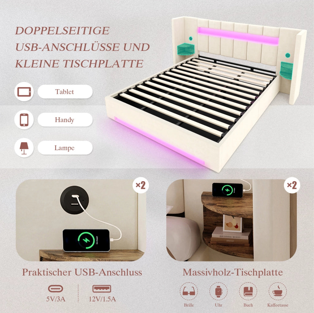 Letto contenitore 180x200 cm in velluto beige con LED e USB