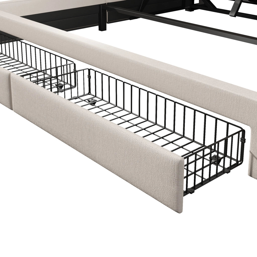 Letto matrimoniale imbottito 180x200 cm in lino beige con contenitore; USB e LED