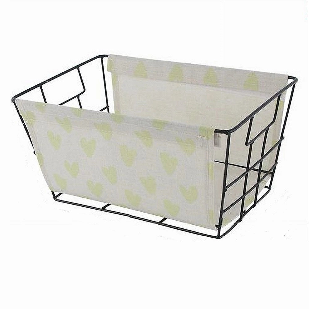 Trade Shop - Cesto Porta Oggetti In Ferro Tessuto Stampa Cuori Gialli Manici 30x20x15cm 10617 -
