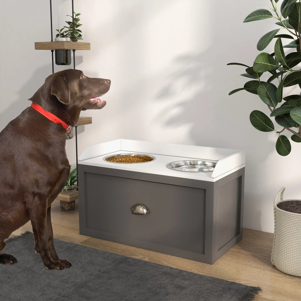 Ciotole per Cani Rialzate 60x30x36 cm con Cassetto in Acciaio Inox e Legno Grigio