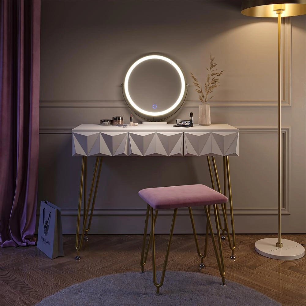 Tavolo da toeletta Layla, rosa, 100 cm con illuminazione LED e sgabello, con illuminazione a LED e panca imbottita