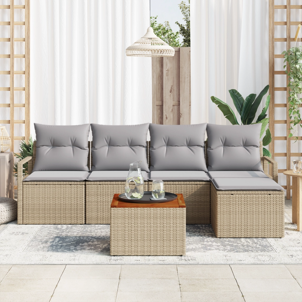 Set di divani da giardino a 6 pezzi  con cuscini beige polirattan acacia
