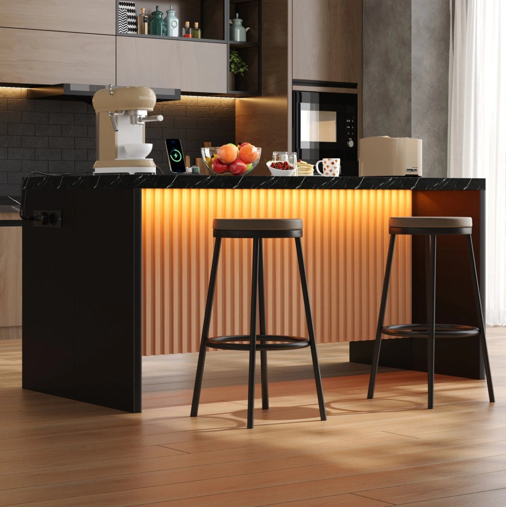 Isola cucina 155x80x90 cm effetto marmo nero con LED; prese elettriche e USB; in MDF