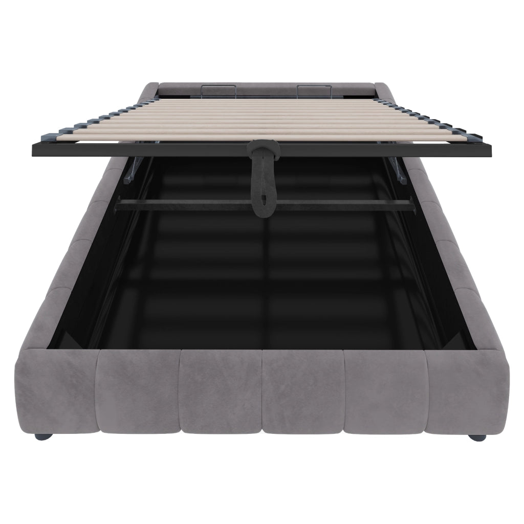 Letto singolo 140×200 cm contenitore con LED e sollevamento idraulico; senza materasso; flanella; grigio