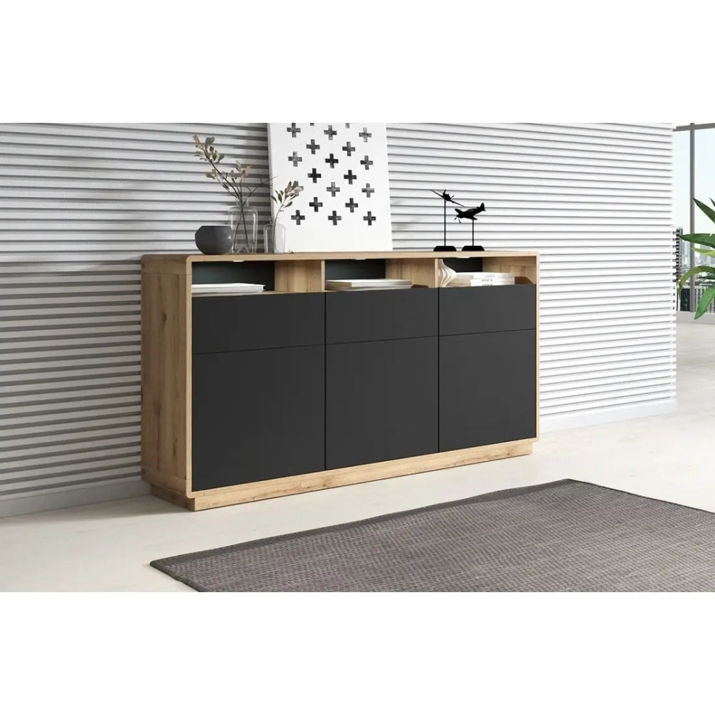 Buffet 180cm collezione VILLA. Colore quercia e nero. LED integrati.