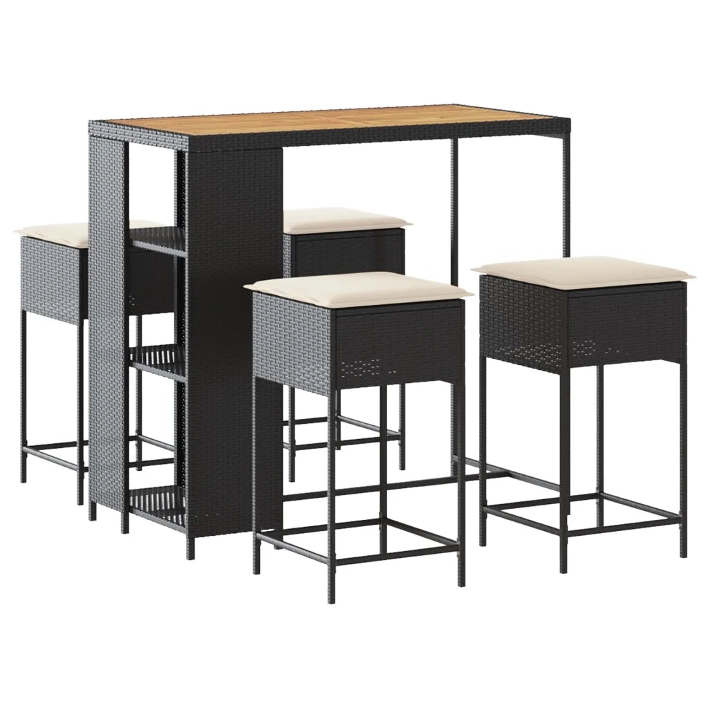 Set Bar da Giardino 5 pz con Cuscini in Polyrattan Nero