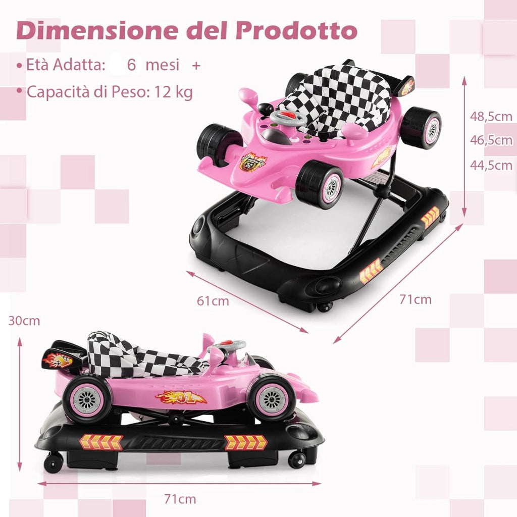 4 in 1 Girello per Bambini, Primi Bassi per Neonati con Altezza Regolabile, Girello Pieghevole con Vassoio Rimovibile, Musica e Luci, per Bambini 6+ Mesi (Rosa)
