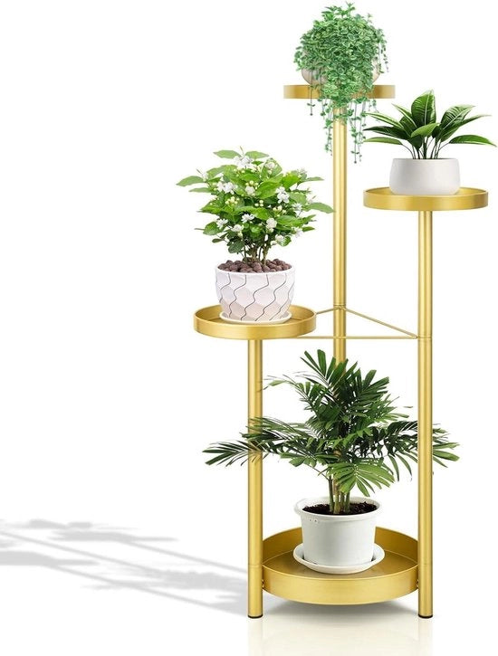Stand per piante metallico per interni ed esterni - 4 livelli pannelli pieghevoli con vasi per fiori dorati