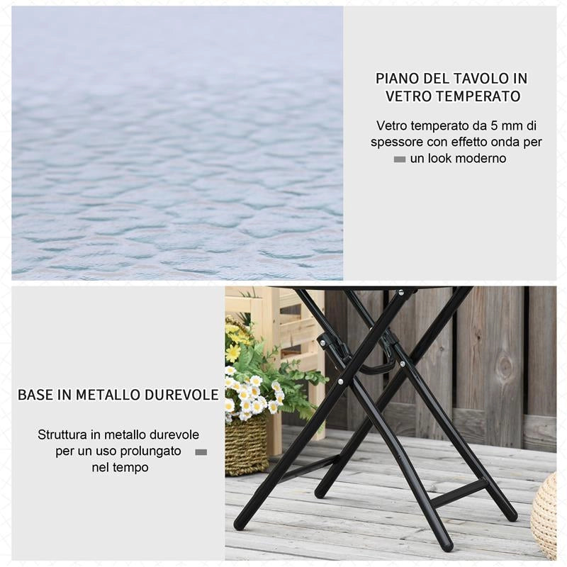 TAVOLO DA GIARDINO PIEGHEVOLE IN METALLO CON RIPIANO IN VETRO 45 X 50 CM NERO