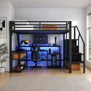 Letto a soppalco 140 × 200 cm con scrivania; scala con vani; ripiani; LED e USB integrati; metallo e MDF nero