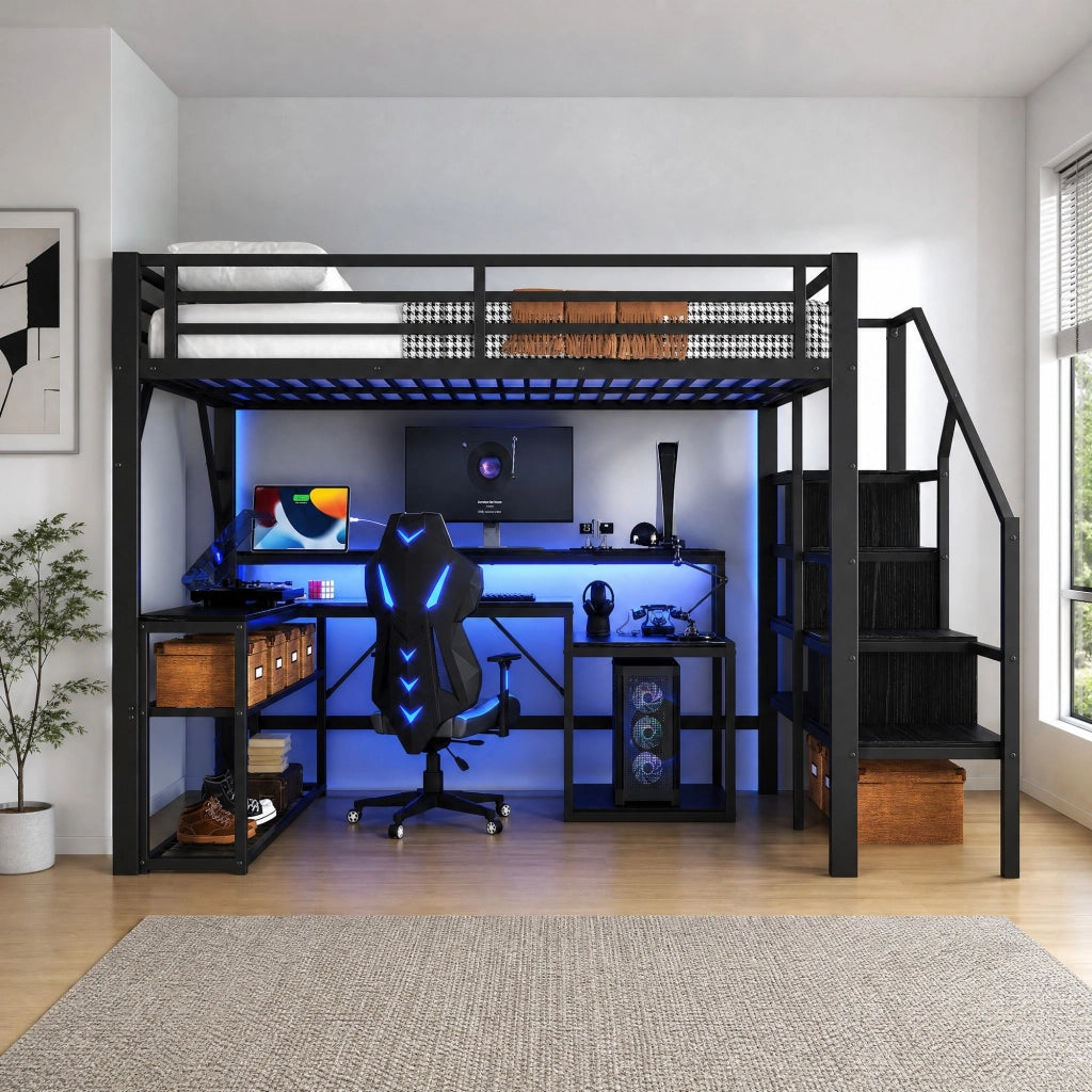 Letto a soppalco 140 × 200 cm con scrivania; scala con vani; ripiani; LED e USB integrati; metallo e MDF nero