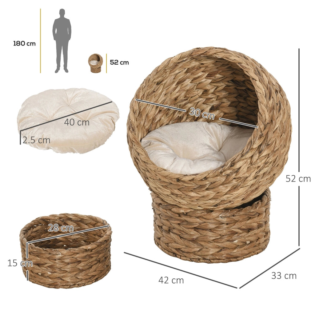 EasyComfort Cuccia Rialzata per Gatti in Vimini, con Cuscino in Cotone, Marrone e Bianco, 40x37x51 cm