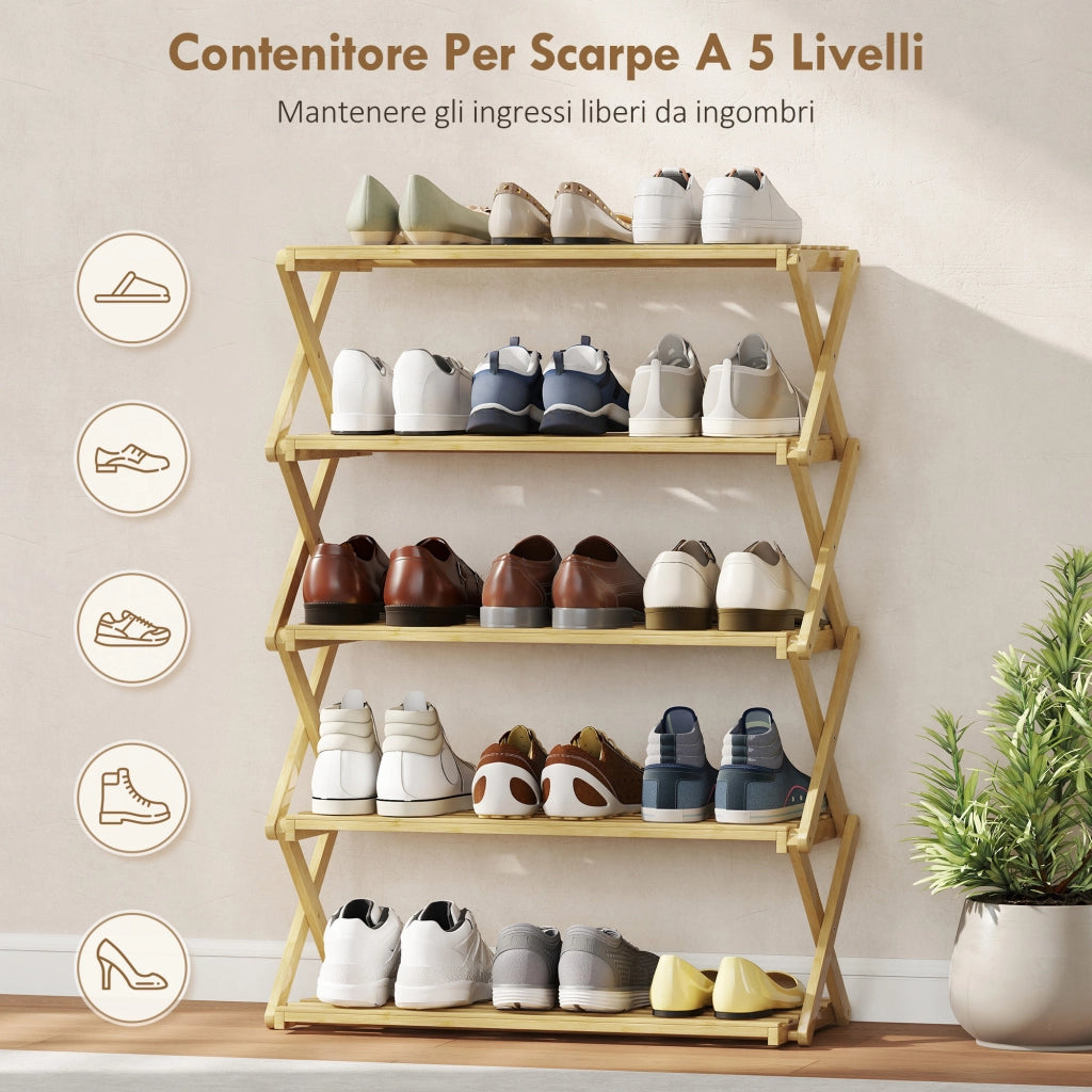 Scarpiera Pieghevole 5 Livelli in Bamb¨´ ¨C zephmum ¨C Legno 60x29x88 cm