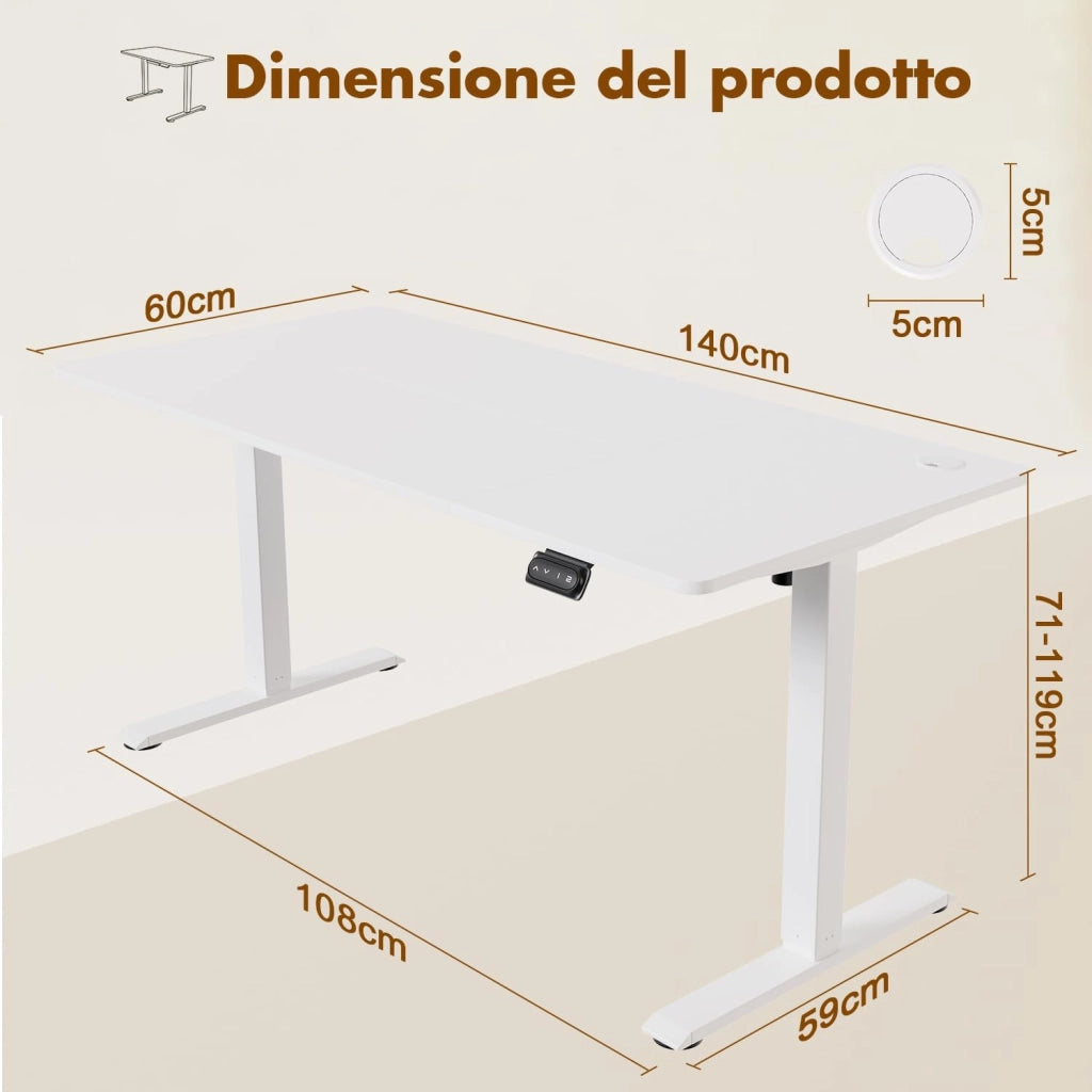 140 x 60 cm scrivania elettrica regolabile in altezza con gancio per cuffie, altezza regolabile 71-119 cm, 2 altezze di memoria. scrivania da ufficio, camera da letto, stanza di studio (Bianco)