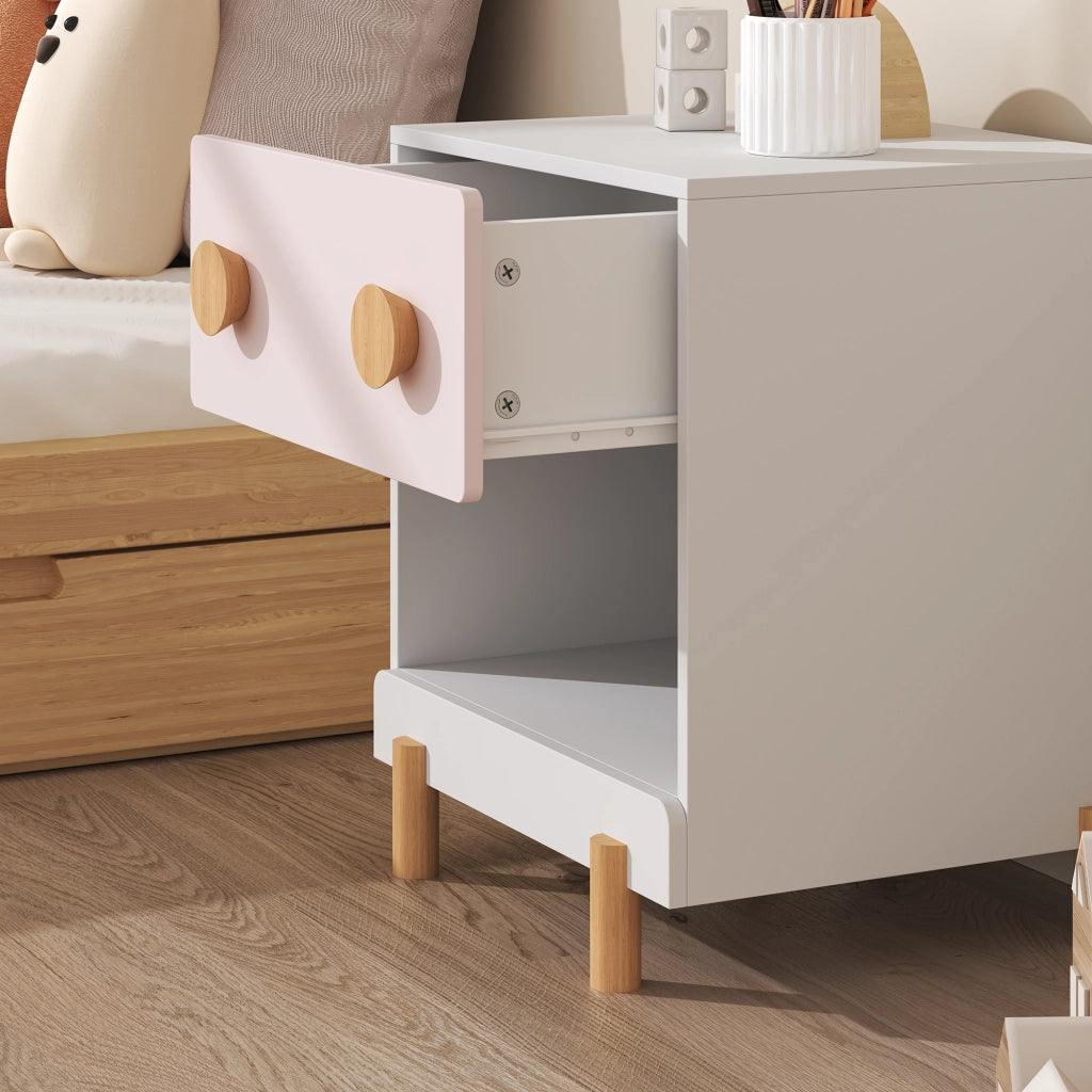Comodino per Cameretta Vaarentaa con Cassetto e Scomparto Aperto 47x40x35 cm - Bianco/Rosa [en.casa]