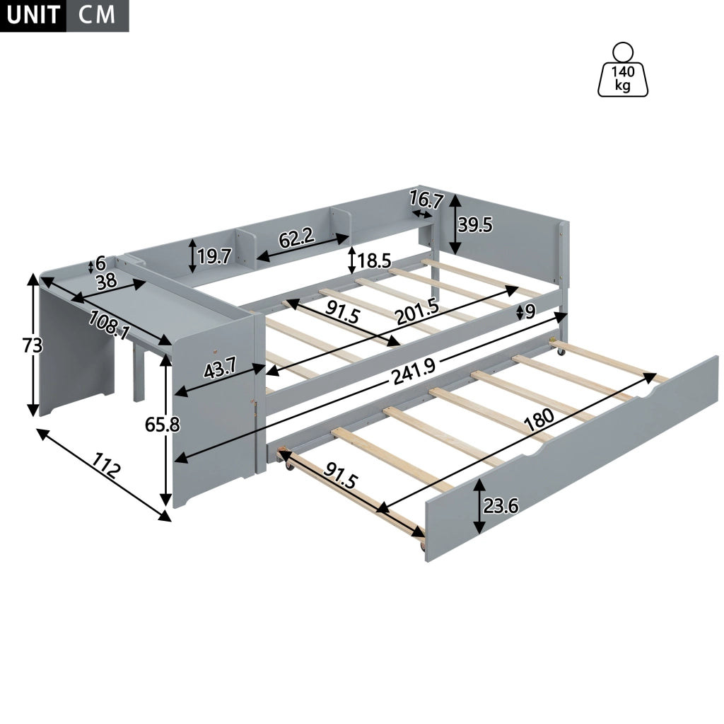 Letto singolo bambini 90x200 grigio con letto estraibile e scrivania