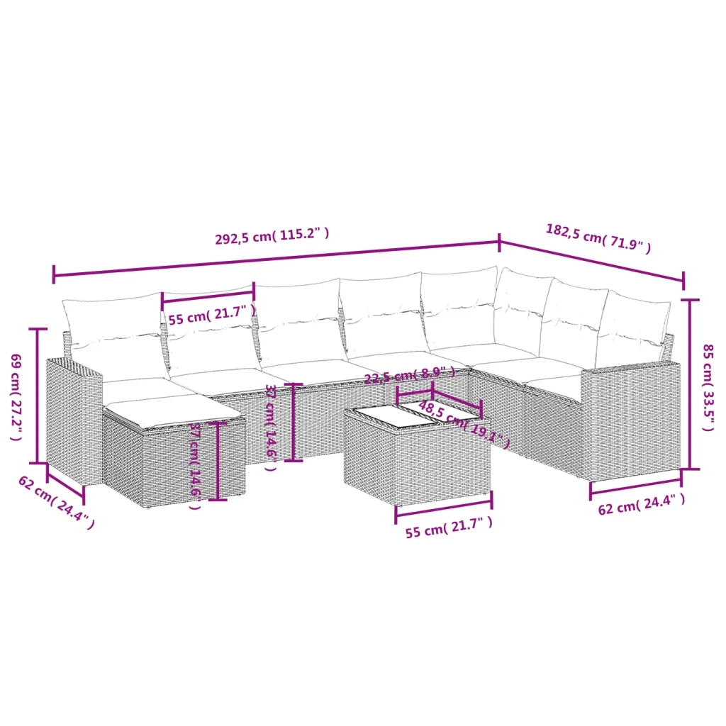 Set Divani da Giardino 9 pz con Cuscini Nero in Polyrattan 3263591