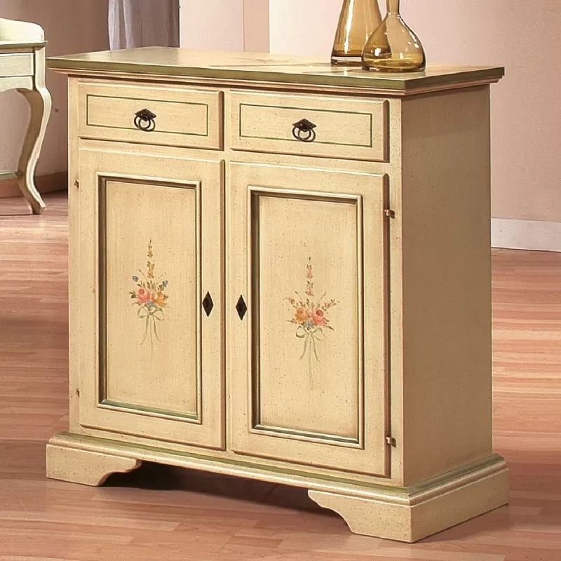 Credenza 2 porte 2 cassetti legno shabby avorio patinato filo verde 90x40x94 (1331) - Mobili 2G