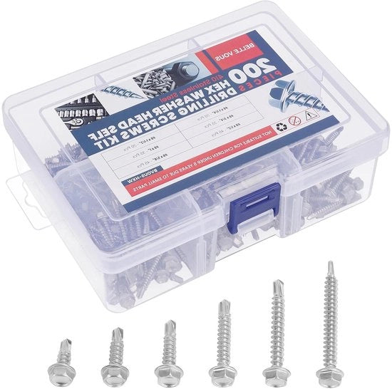 Assortimento Zeskantiga Chiave a Sfera in Acciaio Inossidabile - Set di Viti Autoalimentanti per Copertura, Metallo, Legno - Edilizia e Costruzione - 200 Pezzi