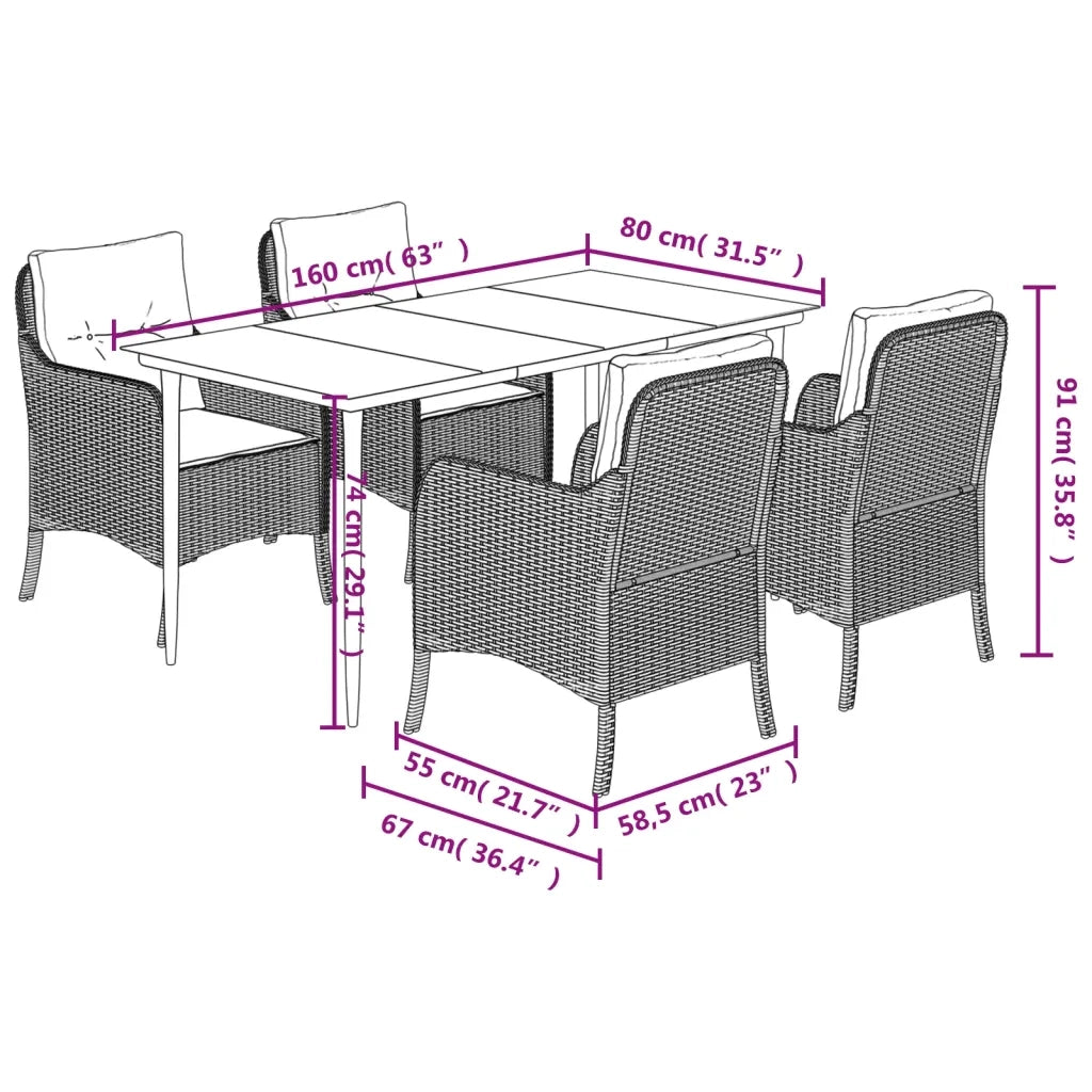 Set da Pranzo da Giardino 5pz con Cuscini in Polyrattan Marrone