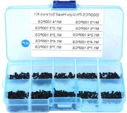 Serrature a testa piatta autoalimentanti 1000 pezzi - Serrature a testa a croce piccola M1 M1.2 M1.4 M1.7 - Serrature in acciaio inossidabile - Kit assortito nero.