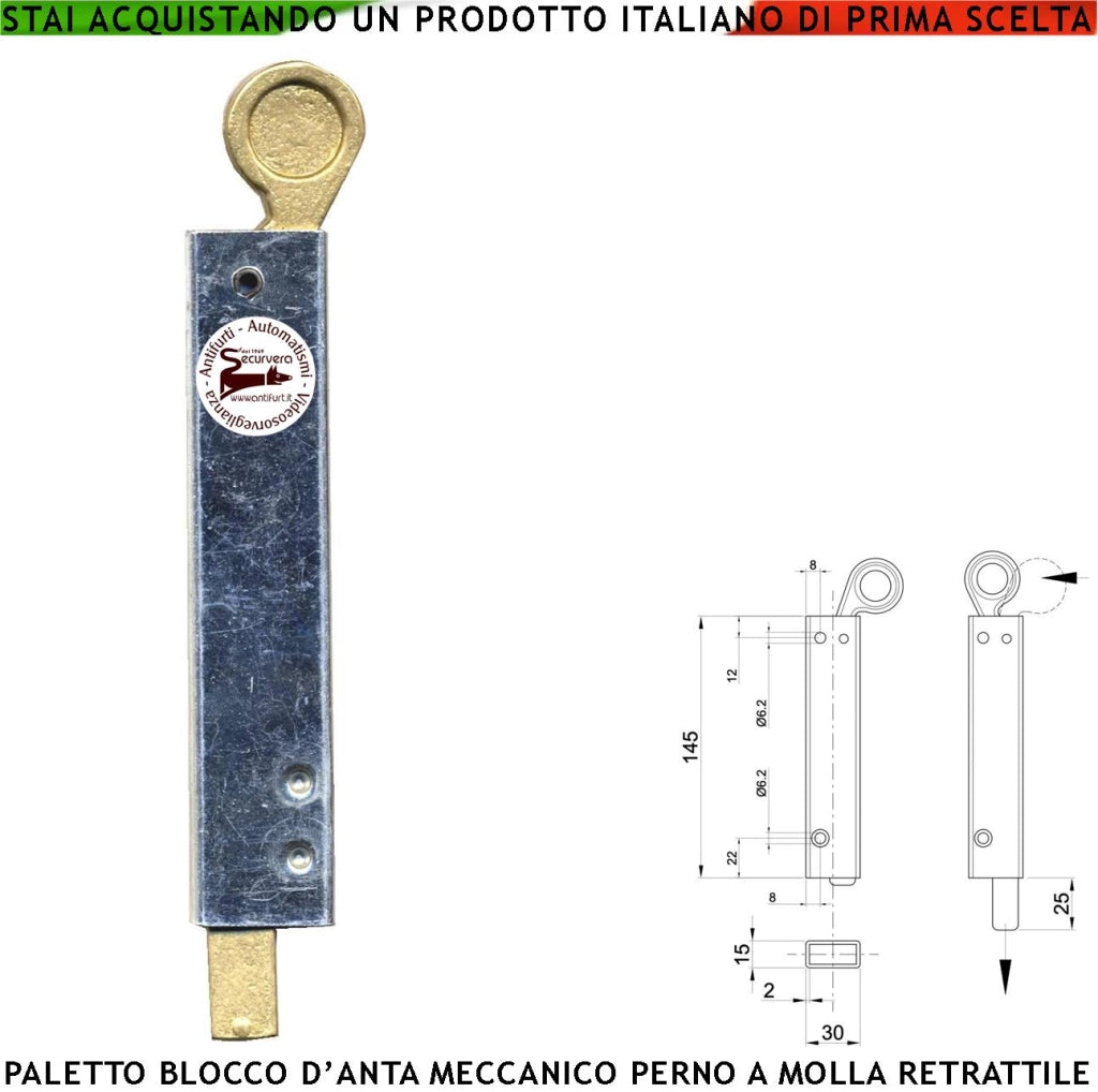 Chiavistello Blocco Anta Meccanico Cancello a Battente Profilato Acciaio Zincato Perno Retrattile in Ottone Funzione Gestita da Molla che Assicura il Rientro del Catenaccio Ancorato Sulla Anta Femmina