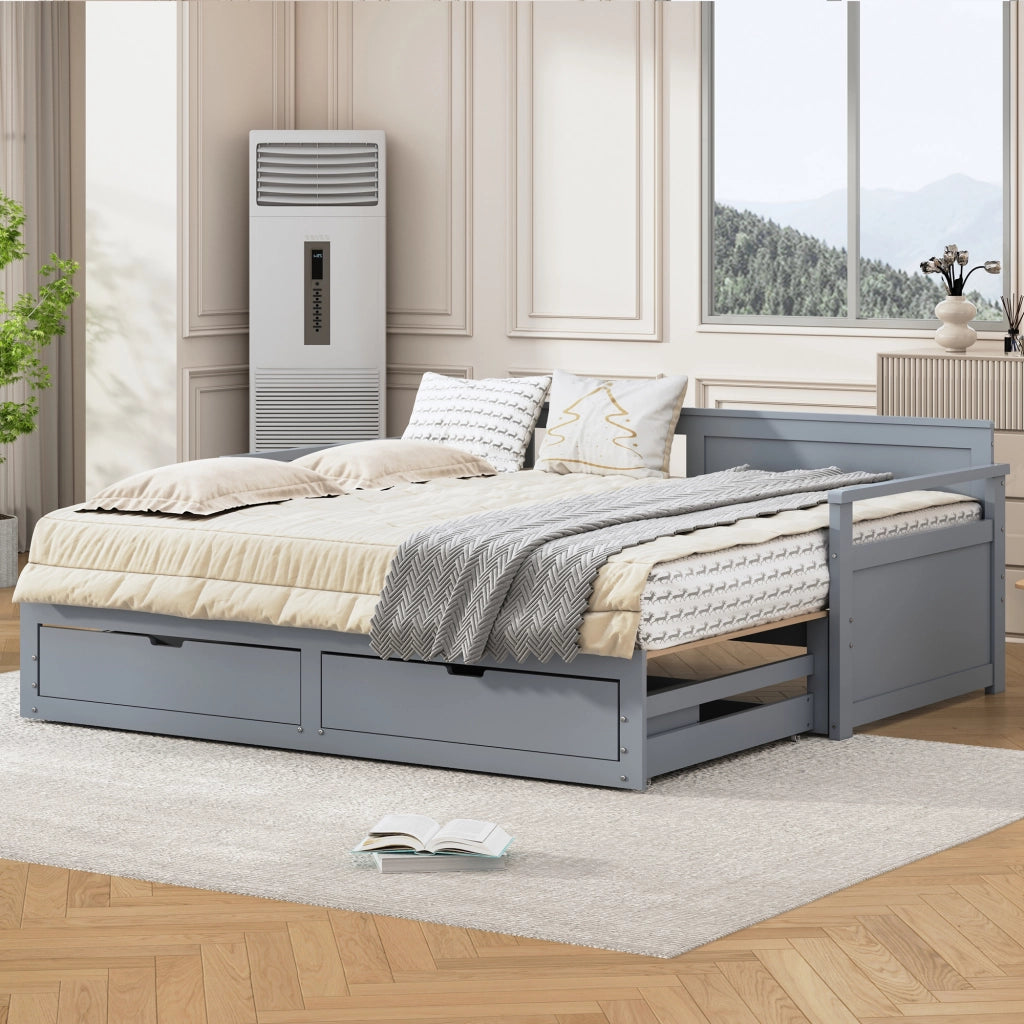 Letto giorno notte grigio in legno massello di pino con cassetti e letto estraibile 90x190 cm&180x190cm