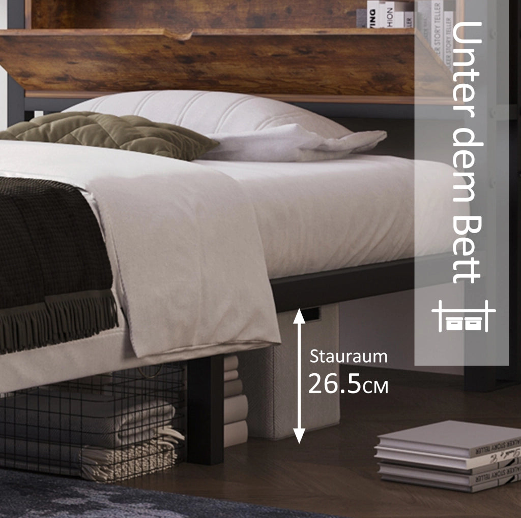 Letto singolo 90x200 cm in metallo e legno naturale con testiera contenitore e rete