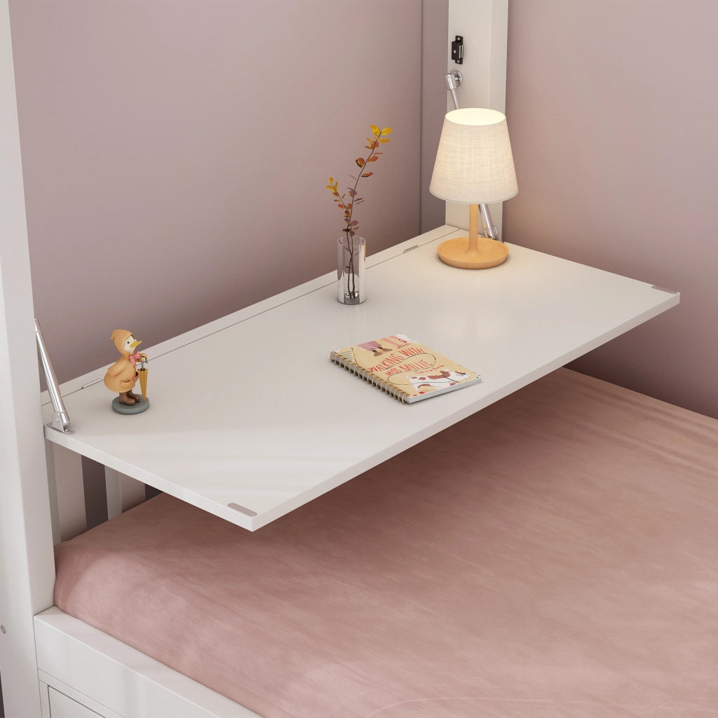 Letto a castello per bambini 90 × 200 cm con tavolo pieghevole, scarpiera e armadi, senza materasso