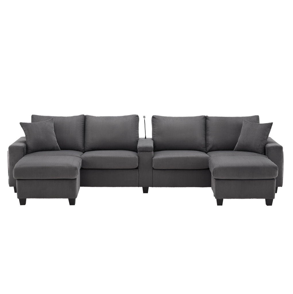 Divano a U in velluto a coste grigio con 2 pouf contenitore; USB Type-C; lampada e LED