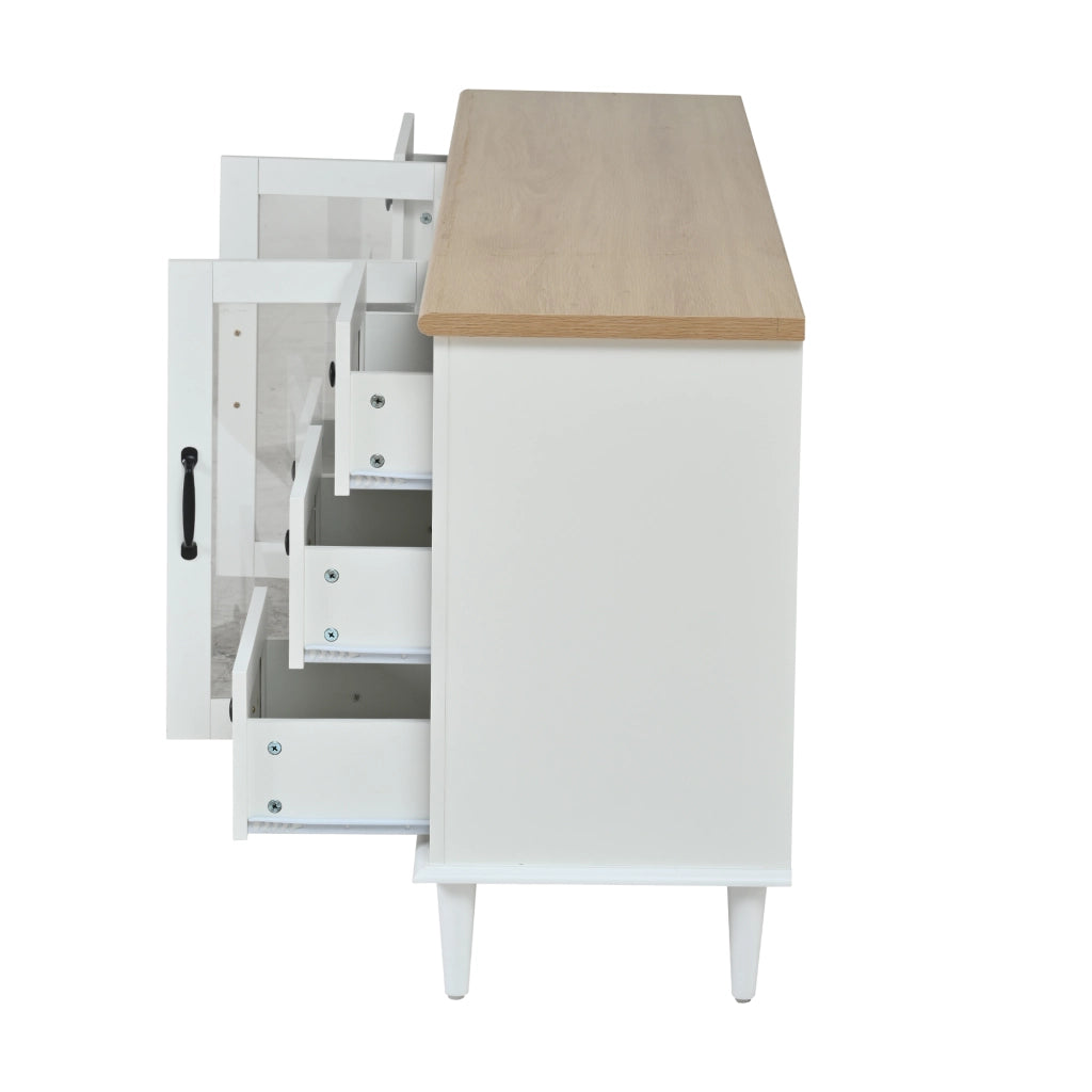 Credenza Soggiorno con LED, 6 Cassetti e 2 Ante ¨C Xylo ¨C Bianco/Legno, 150x40x75 cm
