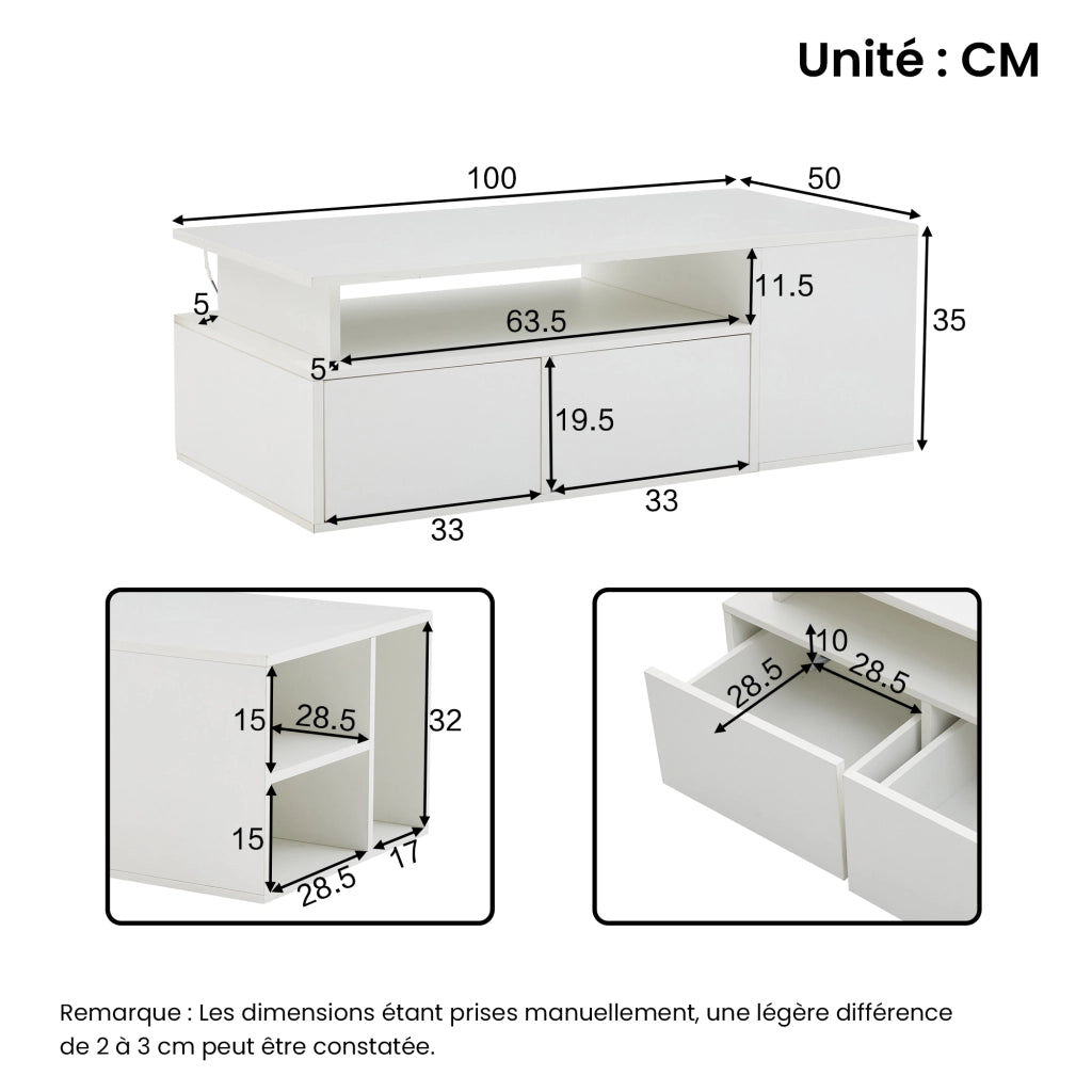 Tavolino da Salotto con 2 Cassetti e LED; Contenimento a 3 Livelli; Bianco Lucido; in Truciolare; 100×50×35 cm