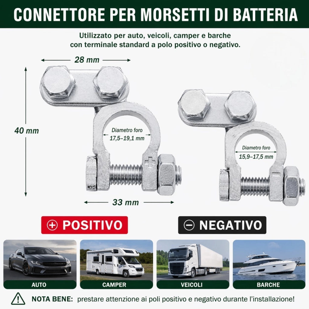 Morsetti Batteria Auto 12V 24V Zinco 300~800A Poli Positivo Negativo 54916