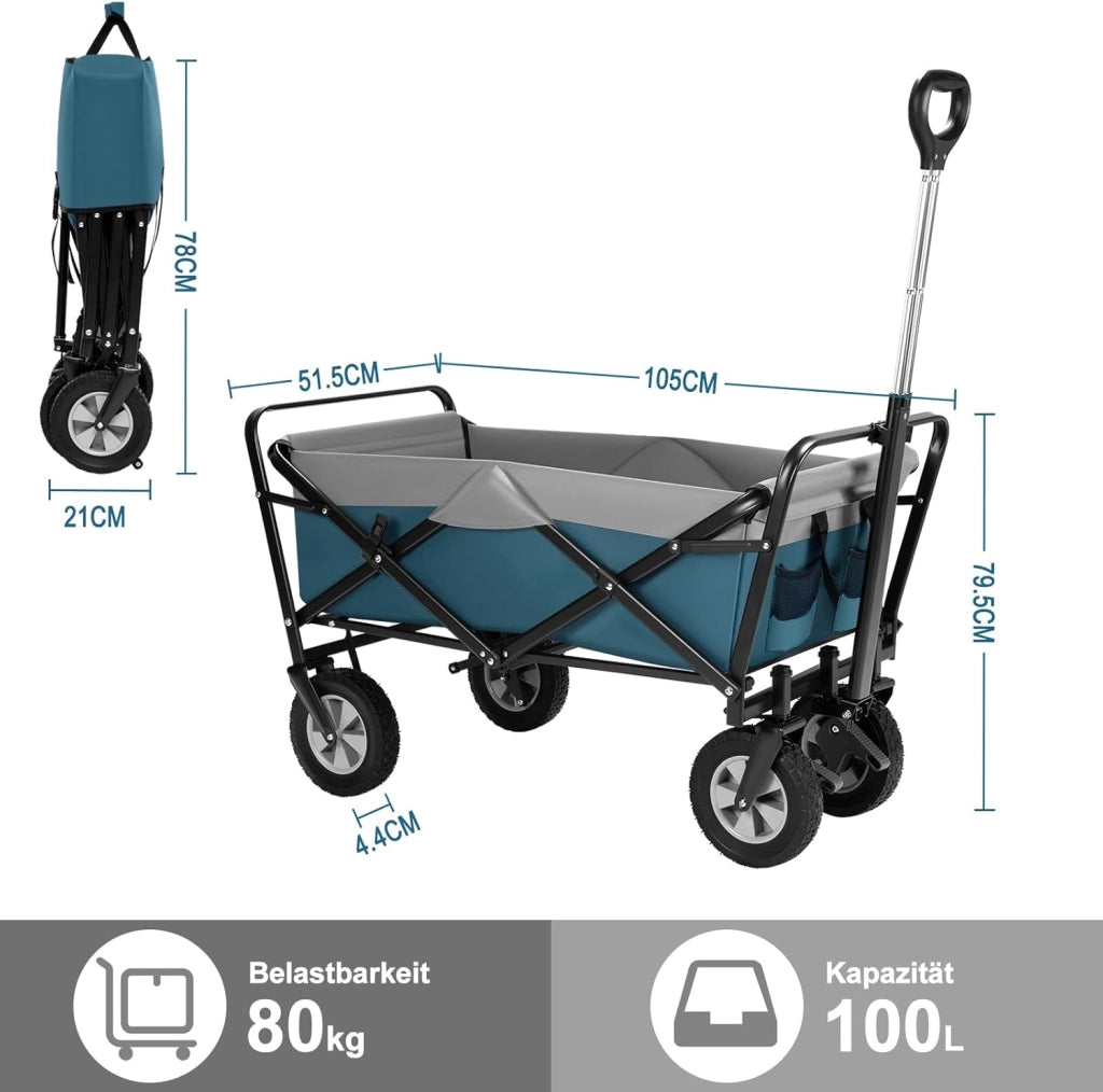 Carrello da Giardino Pieghevole, con Maniglia Regolabile, Carrello da Spiaggia Portatile con Tasche Laterali per Spesa, Picnic, Adatto a Vari Suoli, Portata 80 kg, Blu+Grigio