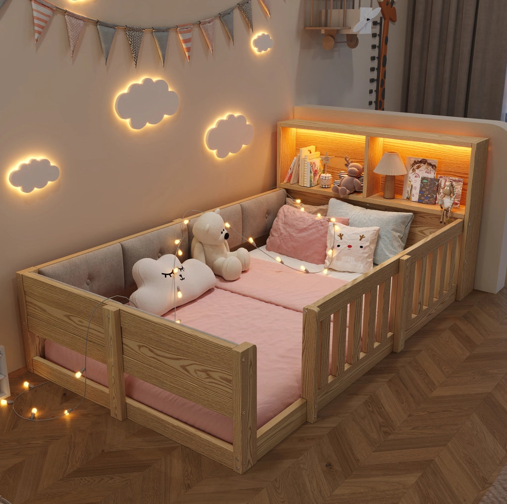 Letto per bambini 90x200 cm con sponde; testiera con spazio contenitore e luci LED; naturale