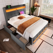 OKWISH Letto con Cassetti 140×200 cm, Letto Matrimoniale con LED Regolabile, USB, Testiera con Mensole e 4 Cassetti, senza Materasso, Grigio