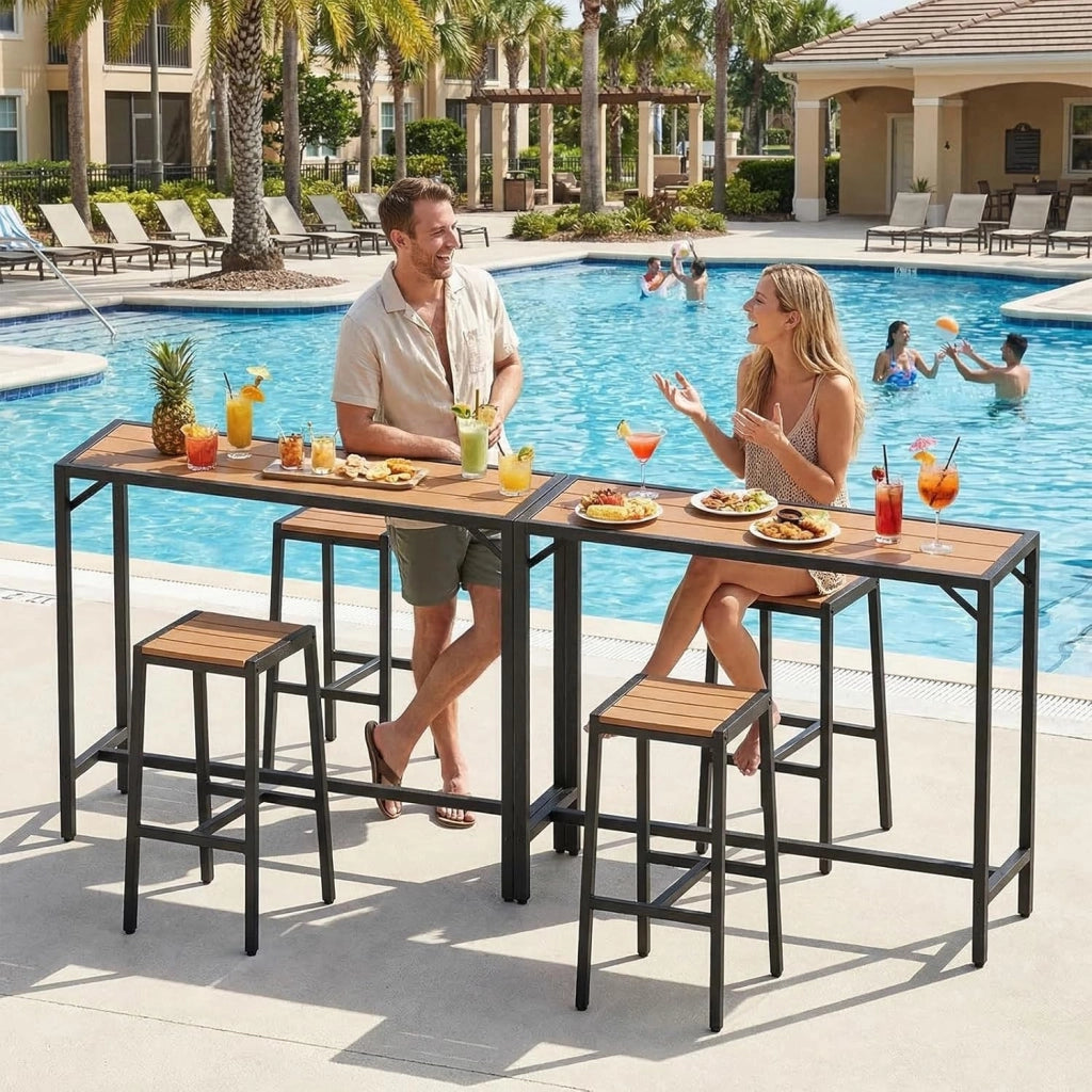 Outdoor Bar Table, 120 x 38 x 98 cm, Tavolo da Giardino Cortile con Piano Impermeabile, Tavolo da Bar Alto con Piedini Regolabili, adatto per Terrazza, Bordo Piscina, Soggiorno, Marrone