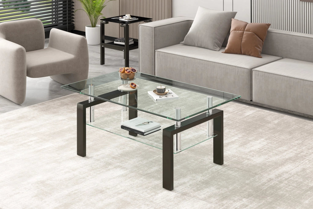 Tavolino da caffè con 2 ripiani - per soggiorno - in vetro e metallo - 100×60×44 cm