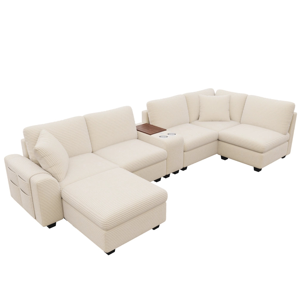 Divano angolare modulare 6 posti - con contenitore e console mobile - in velluto a coste beige