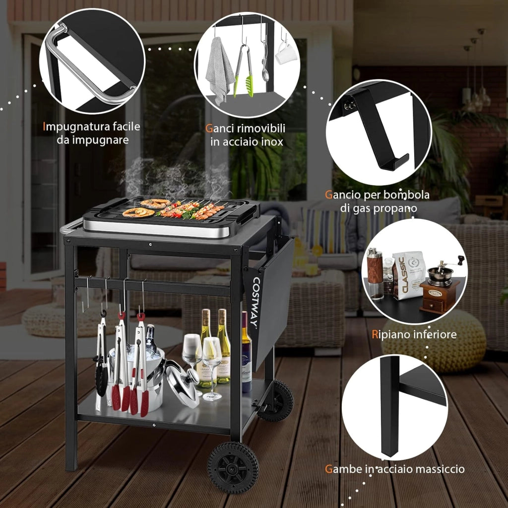 Carrello per Barbecue, Carrello di Servizio con Ruote e 4 Ganci, Pannello Laterale Pieghevole, Carrello Cucina Multiuso per Forno da Pizza, per Casa Cortile Patio e Giardino