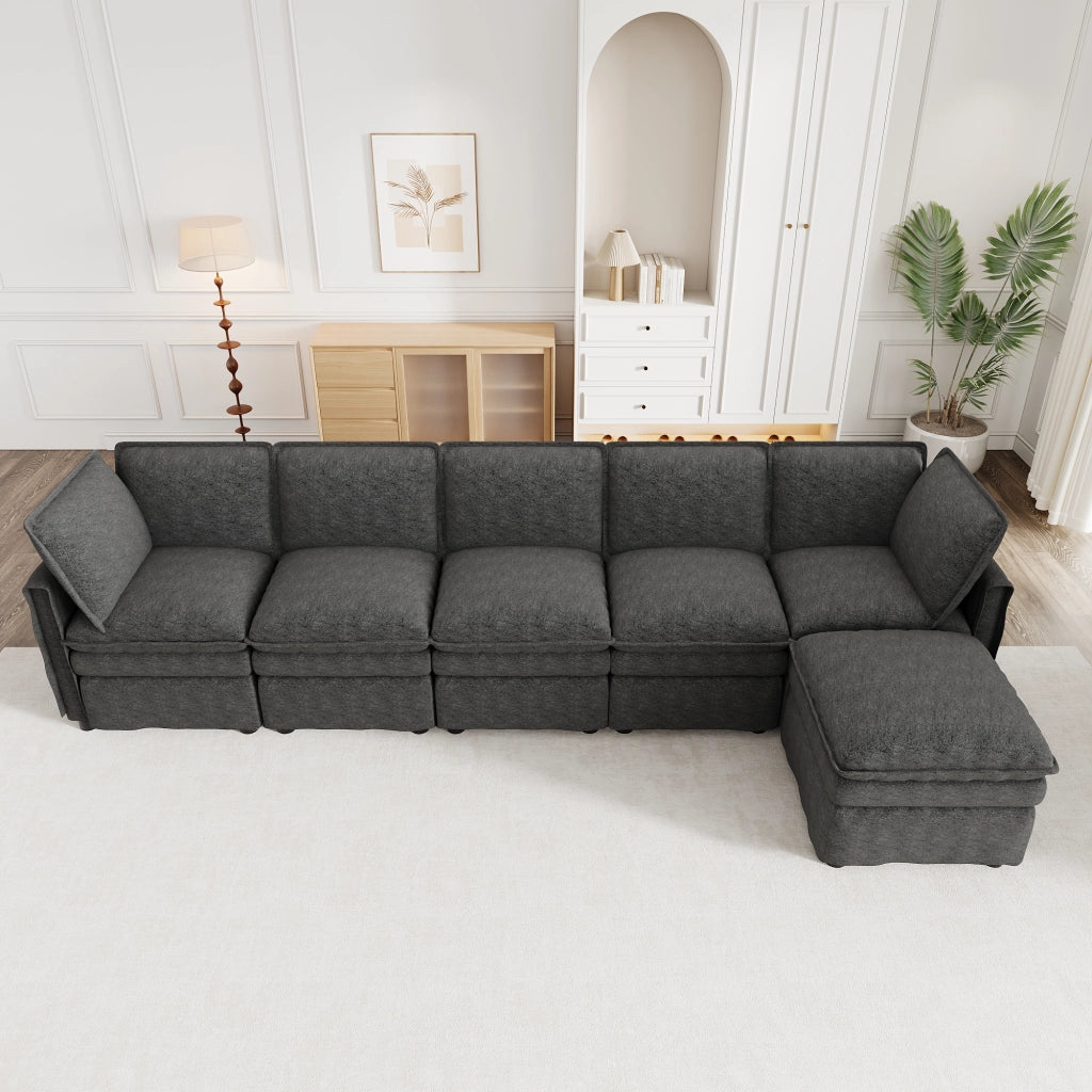 DIVANO modulare con funzione letto 344x127x91 cm in chenille grigio con pouf