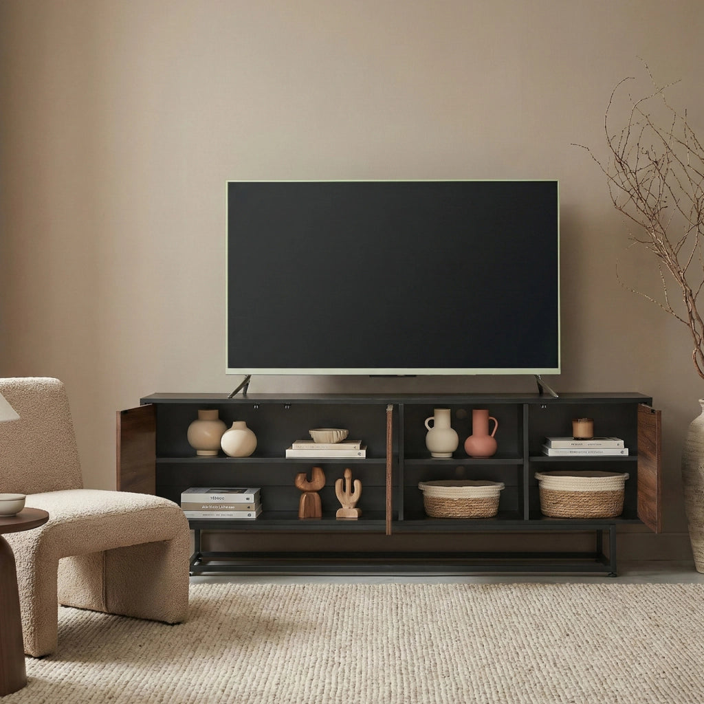 Armadietto Boxholm Credenza Bassa con 3 Ante Push-Open e 2 Vani Aperti 160x30x57 cm Nero / Effetto Noce [en.casa]