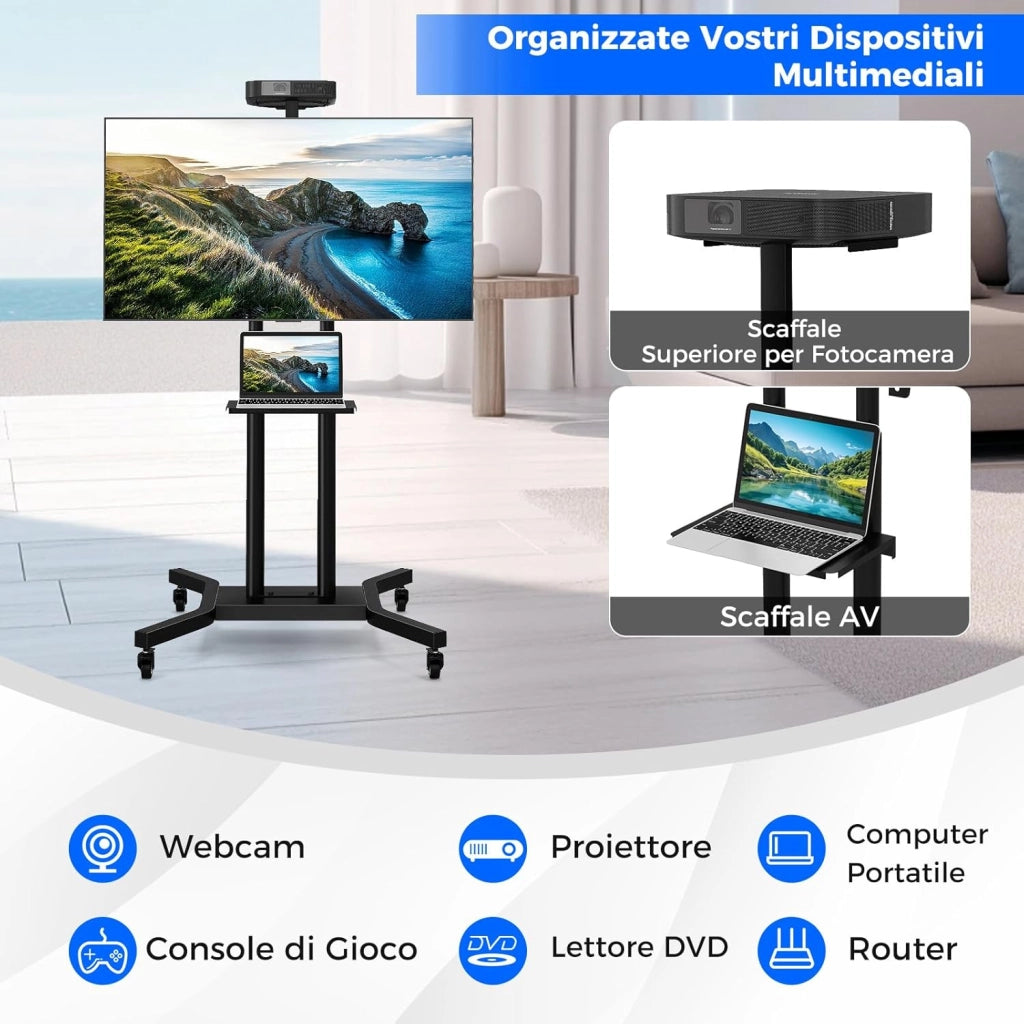 Supporto TV da Pavimento con Ruote per Schermi Plasma/LCD/LED 32-70 Pollici, Altezza Regolabile, Carrello Staffa Porta Mobile Supporto TV Fino a 50 kg, Max VESA 600 x 400mm
