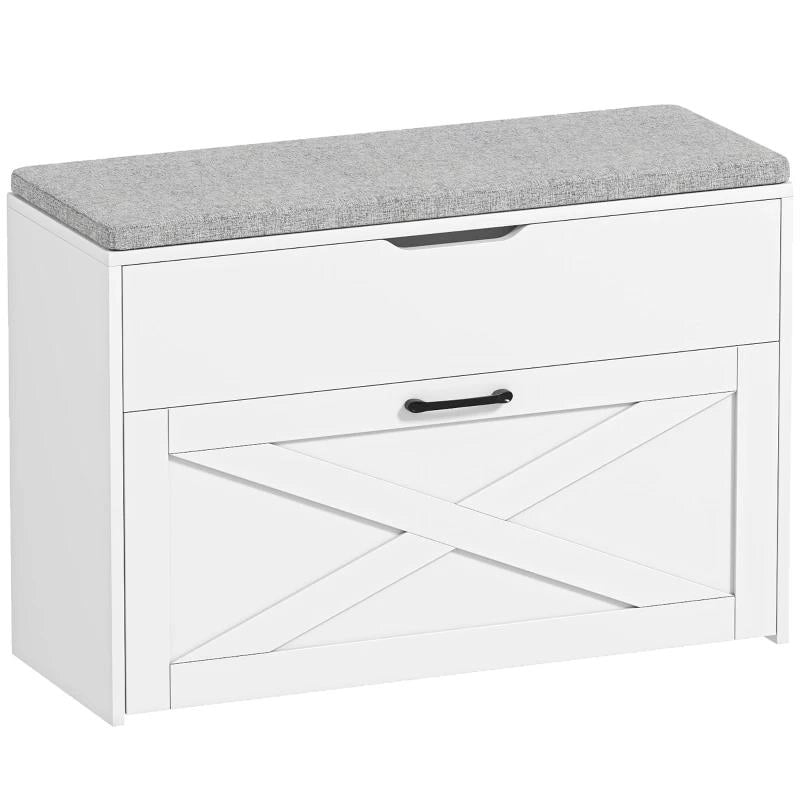 PANCA SCARPIERA CON CASSETTO RIBALTABILE E CONTENITORE, CAPACITÓ 8 PAIA DI SCARPE, 80X30X55 CM, BIANCO