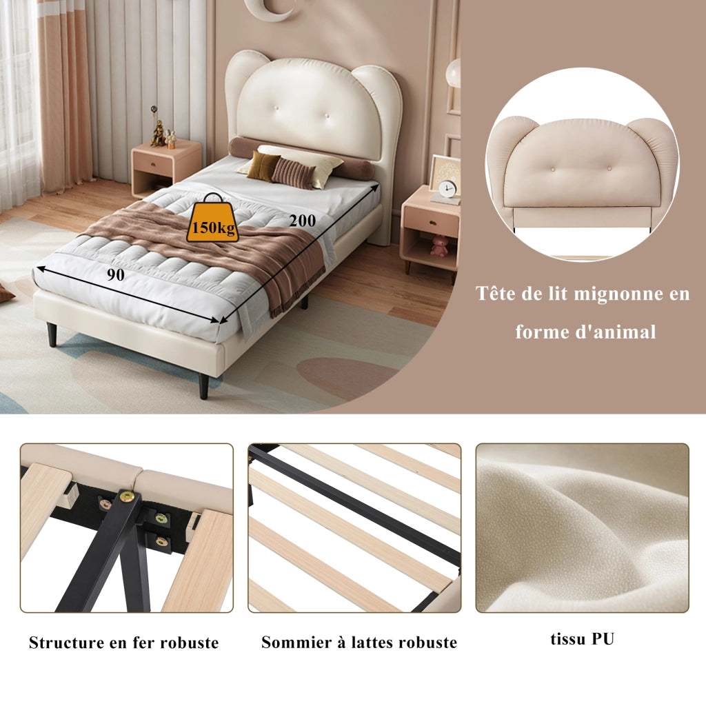 Letto imbottito per bambini con testiera a forma di animale, 90x200 cm, beige